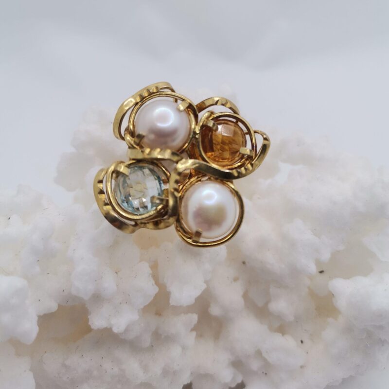 ANILLO PERLA AGUA MARINA CITRINO PLATA ORO