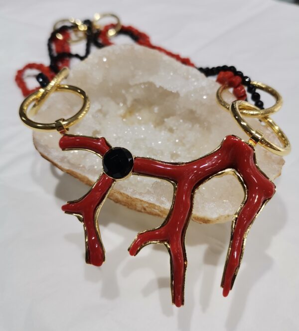 COLLAR RAMA CORAL Y ONIX PLATA BAÑO ORO - Imagen 3