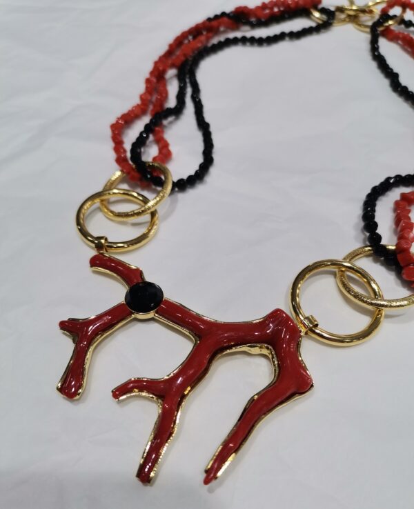 COLLAR RAMA CORAL Y ONIX PLATA BAÑO ORO - Imagen 2