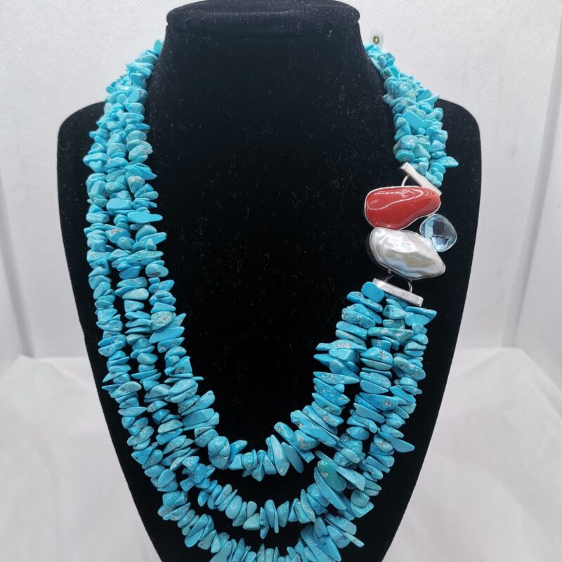 COLLAR TURQUESA 3 VUELTAS PERLA CORAL AGUA MARINA