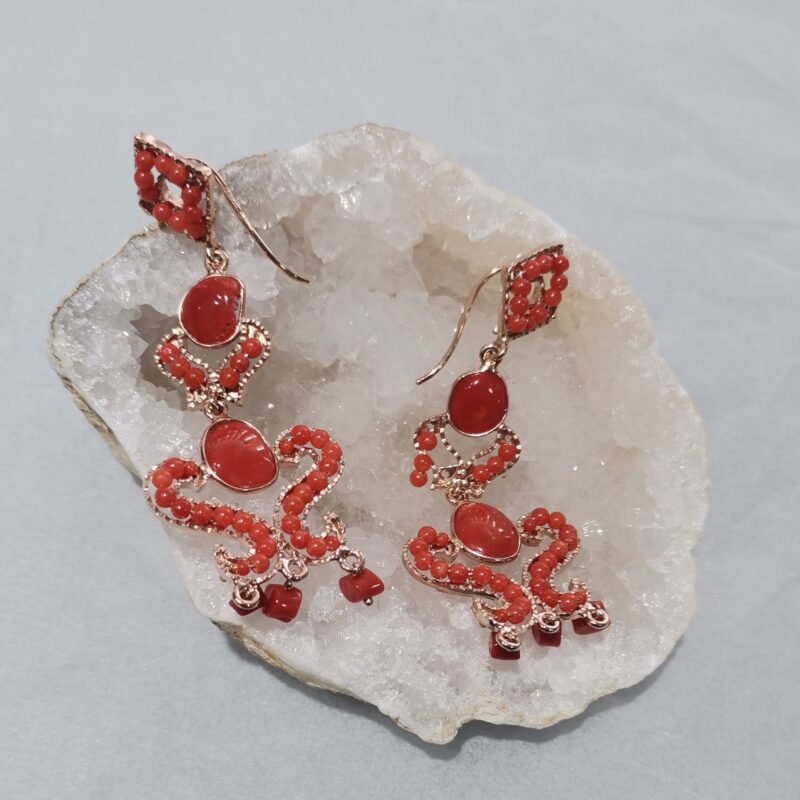 PENDIENTE CORAL GEOMETRIA PLATA BAÑO ORO