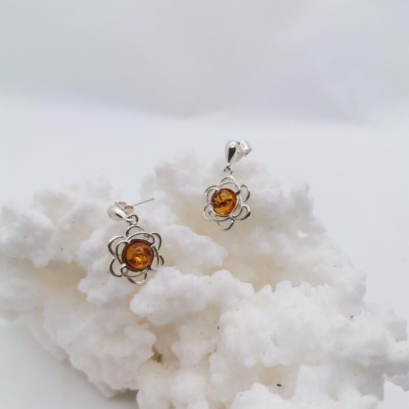 PENDIENTES AMBAR BOLA FLOR PLATA