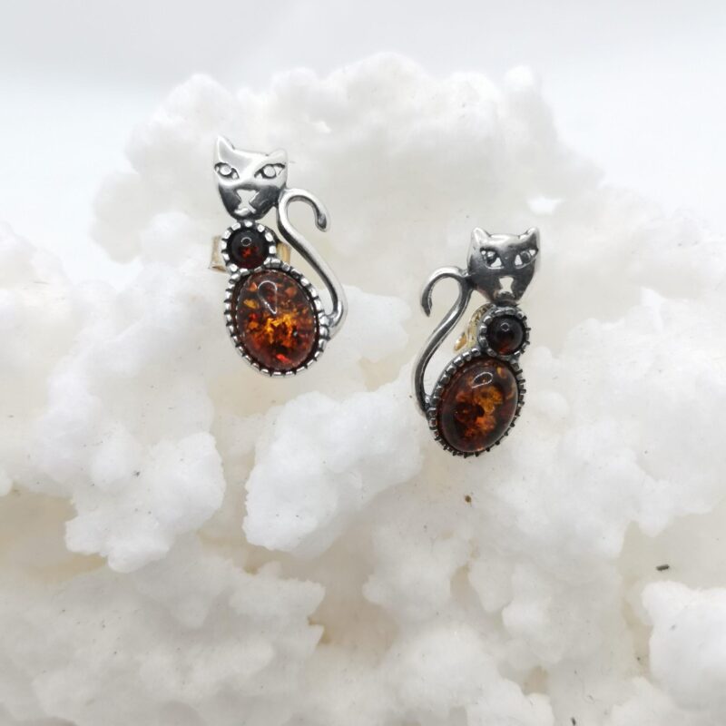 PENDIENTES AMBAR GATO PLATA ROSCA