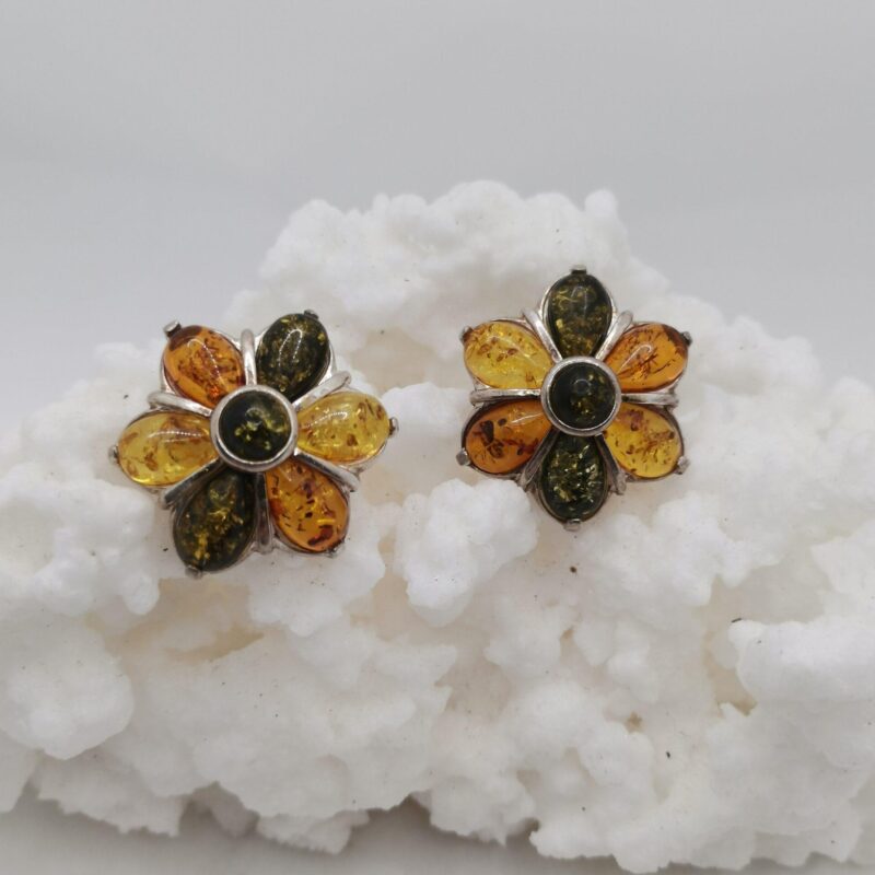 PENDIENTES AMBAR TRICOLOR FLOR ROSCA