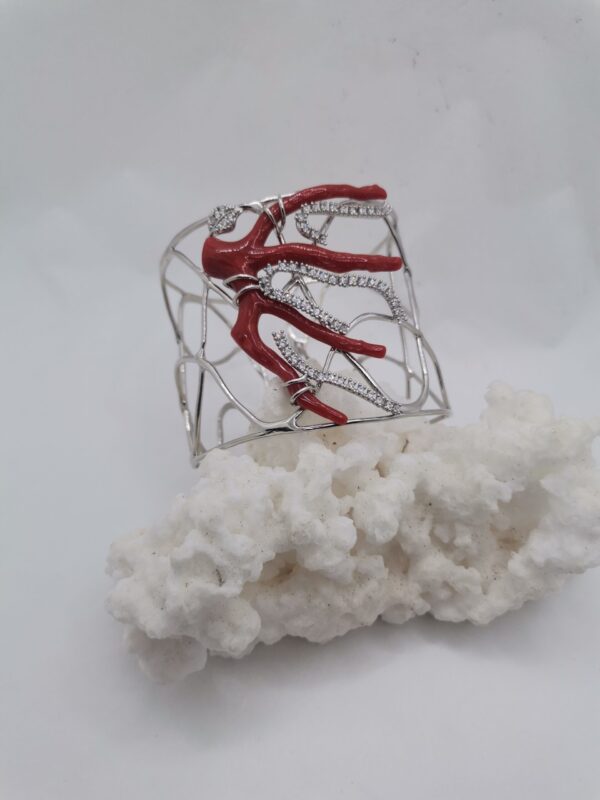 PULSERA BRAZALETE  PLATA CORAL ROJO EN RAMA Y CIRCONITAS