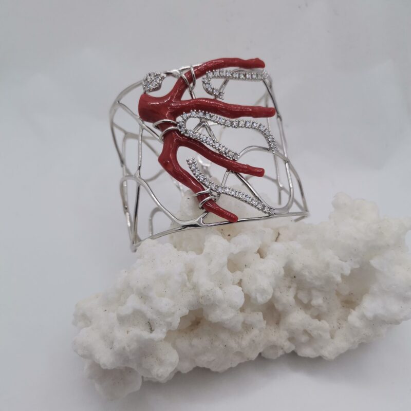 PULSERA BRAZALETE  PLATA CORAL ROJO EN RAMA Y CIRCONITAS