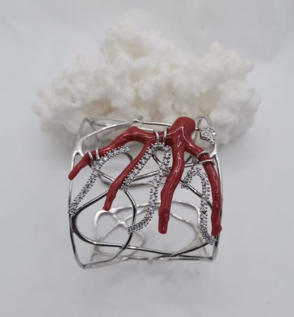 PULSERA BRAZALETE  PLATA CORAL ROJO EN RAMA Y CIRCONITAS - Imagen 2