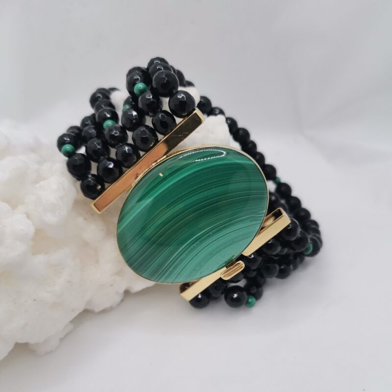 PULSERA PLATA BAÑADA ORO MALAQUITA Y ONIX