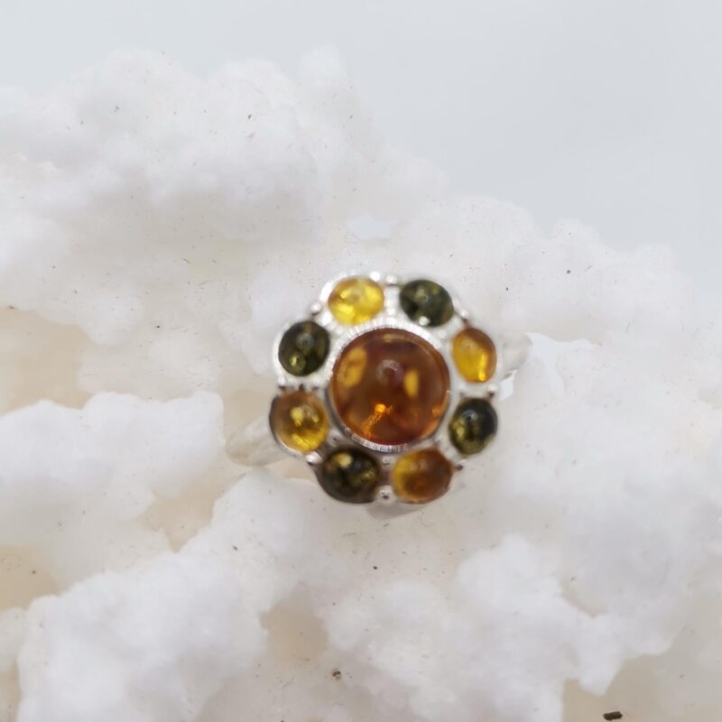 ANILLO AMBAR BOTON FLOR 3 COLORES PLATA
