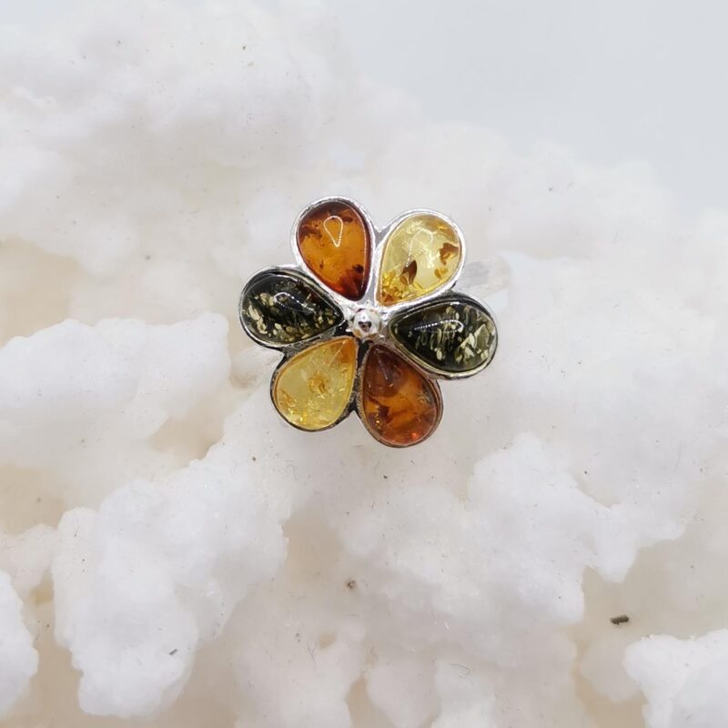 ANILLO AMBAR FLOR MULTICOLOR PLATA