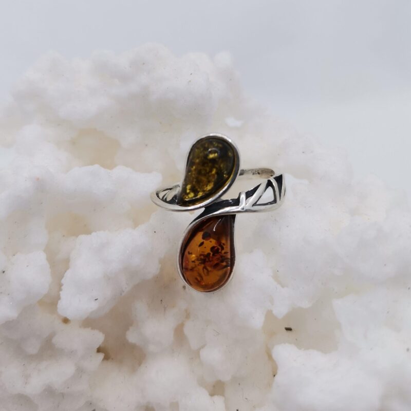 ANILLO AMBAR GOTA ASIMETRICA BICOLOR PLATA
