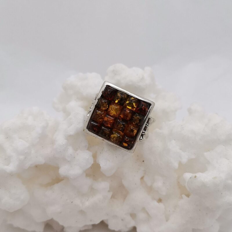ANILLO AMBAR MOSAICO CUADRADO PLATA
