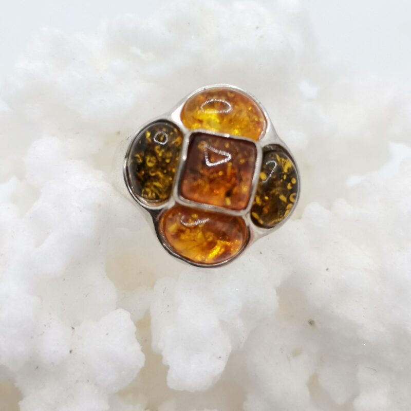 ANILLO AMBAR SELLO BOTON PLATA