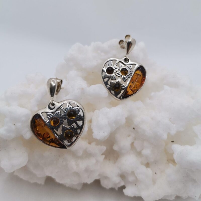 PENDIENTES AMBAR CORAZON GRABADO PLATA ROSCA