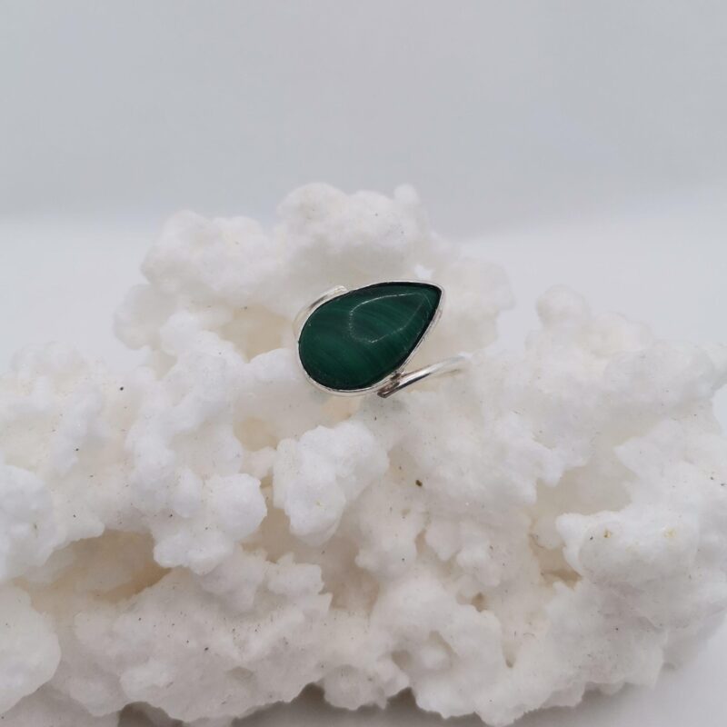 ANILLO PLATA MALAQUITA GOTA HORIZONTAL ASIMETRICA
