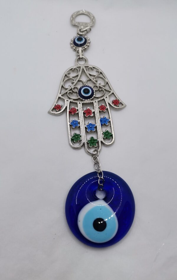 COLGADOR OJO TURCO CON MANO DE FATIMA METAL Y COLOR