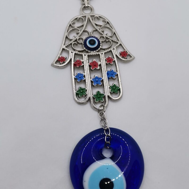 COLGADOR OJO TURCO CON MANO DE FATIMA METAL Y COLOR