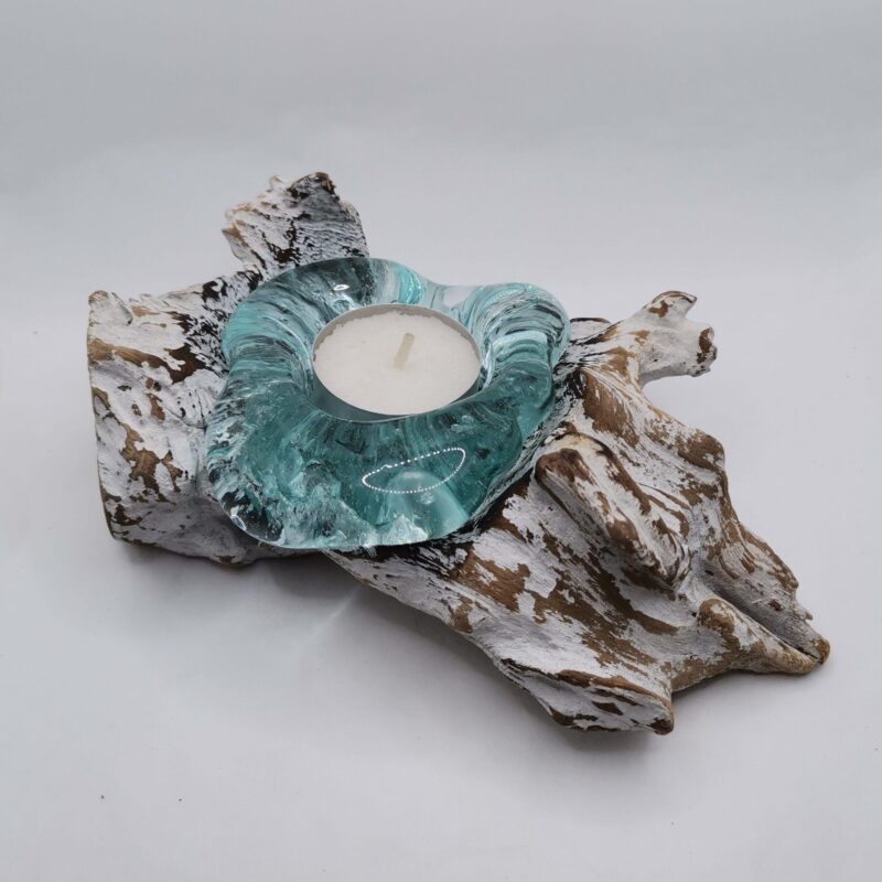 PORTA VELAS EN TRONCO Y CRISTAL