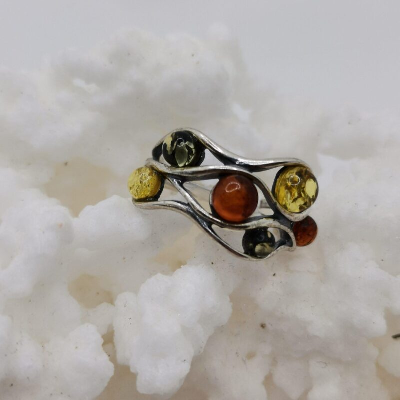 ANILLO AMBAR BOLITAS TRENZADAS PLATA