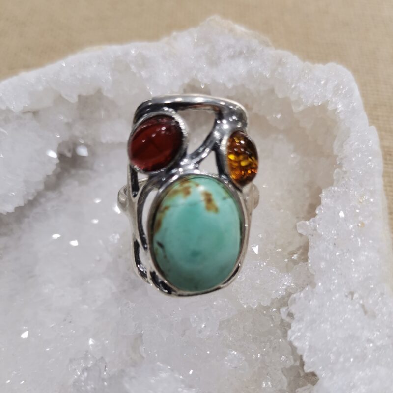 ANILLO AMBAR Y TURQUESA PLATA