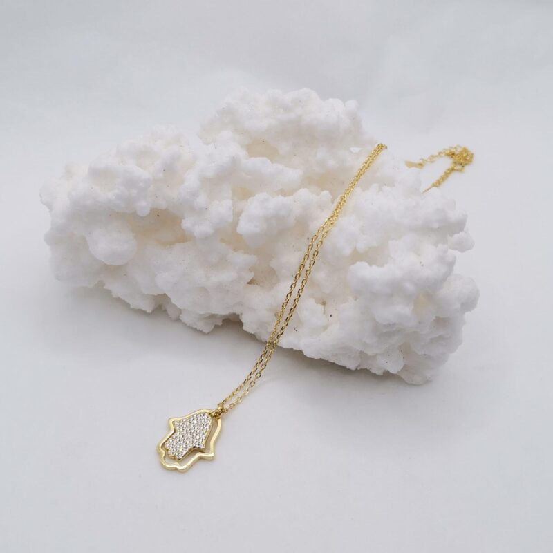 COLGANTE CON CADENA MANO FATIMA DOBLE PLATA ORO