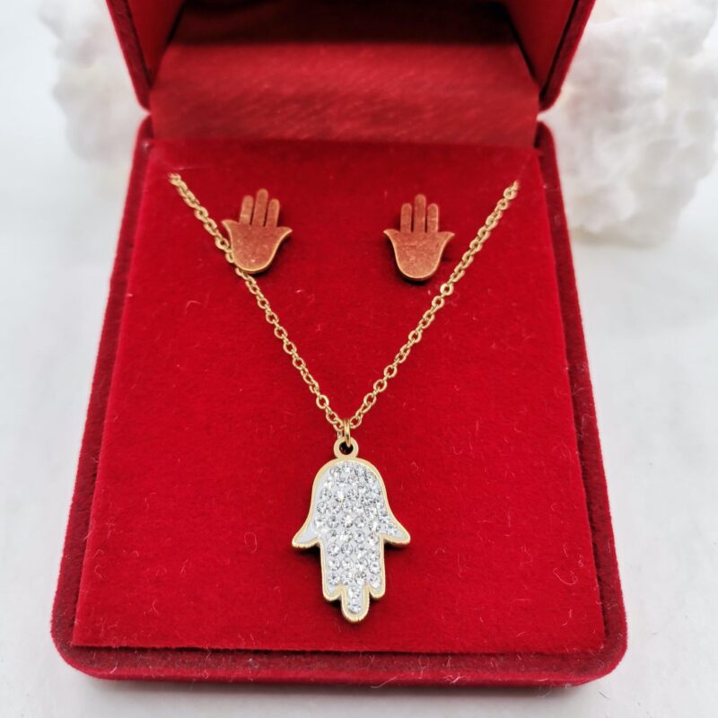 CONJUNTO PENDIENTES CADENA COLGANTE MANO DE FATIMA DORADA