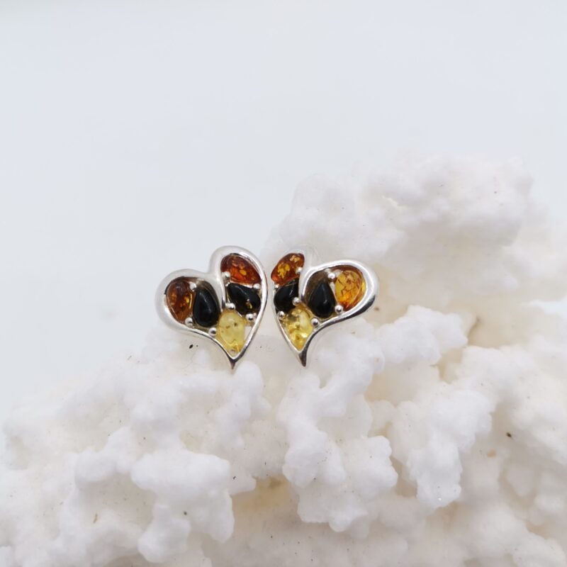 PENDIENTES AMBAR CORAZON ASIMETRICO TRICOLOR PLATA