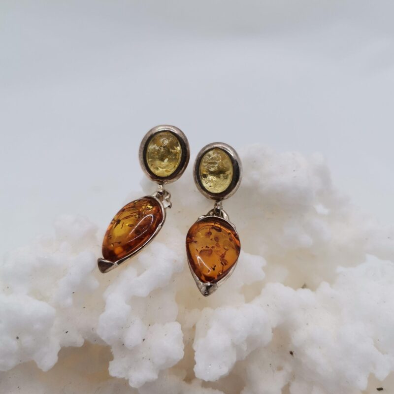 PENDIENTES AMBAR OVALO Y GOTA INVERTIDA PLATA