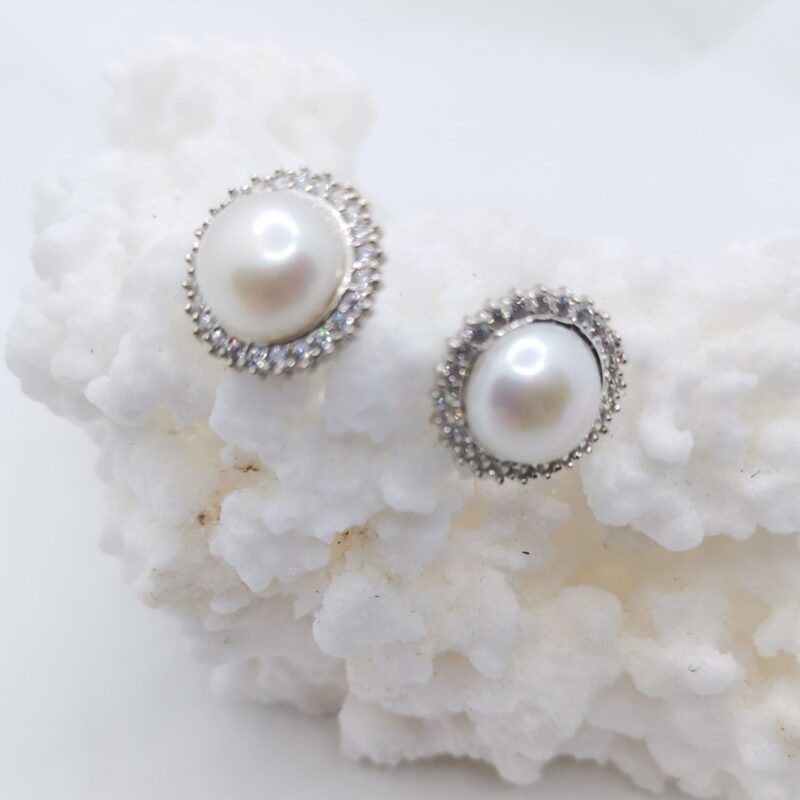 PENDIENTES PERLA NATURAL CIRCONITAS PLATA REDONDO