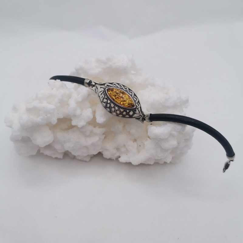 PULSERA AMBAR CUERDA CUERO PLATA