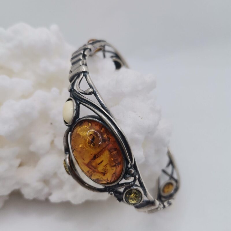 PULSERA AMBAR MULTICOLOR SEMIRIGIDA LABRADA PLATA