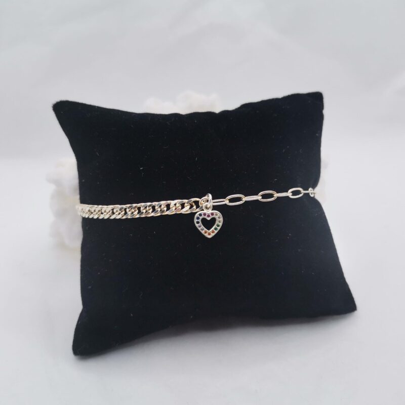 PULSERA ASIMETRICA CORAZON E INFINITO  CIRCONITAS DE COLORES ACERO