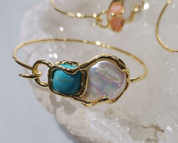 PULSERA PERLA TURQUESA O CORAL PLATA BAÑO ORO - Imagen 4