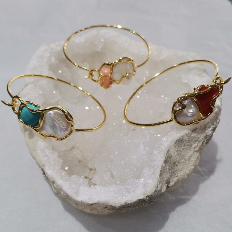 PULSERA PERLA TURQUESA O CORAL PLATA BAÑO ORO