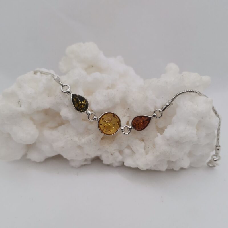 PULSERA PLATA Y AMBAR ESFERA Y DOS GOTAS CADENA