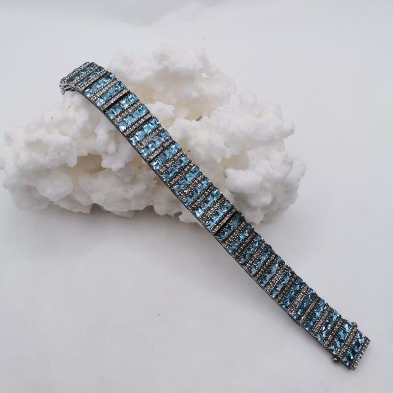 PULSERA PUNTAS DIAMANTE MOISSANITA Y AGUAMARINA PLATA