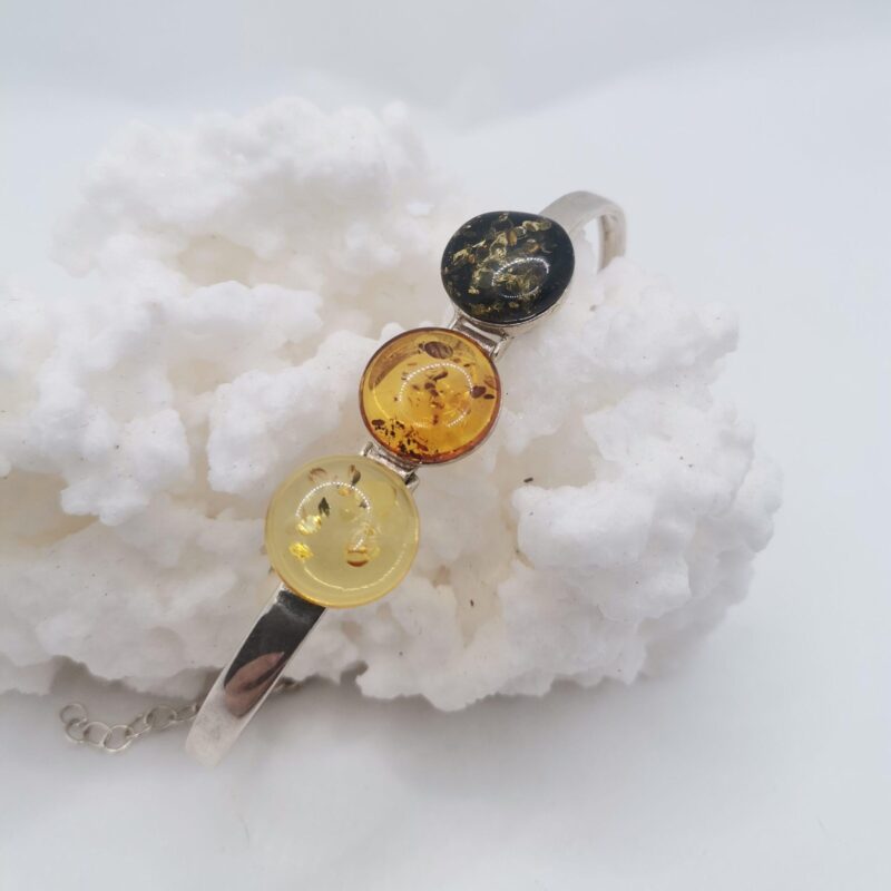 PULSERA SEMIRIGIDA AMBAR ESFERAS TRICOLOR PLATA