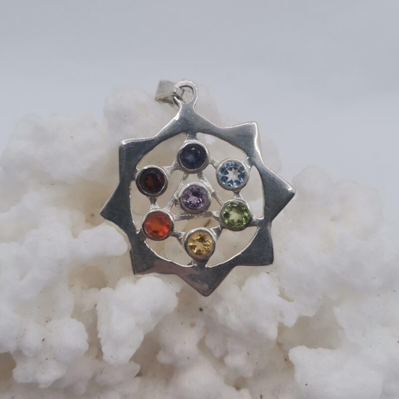 COLGANTE ESTRELLA 8 PUNTAS 7 CHAKRAS PLATA