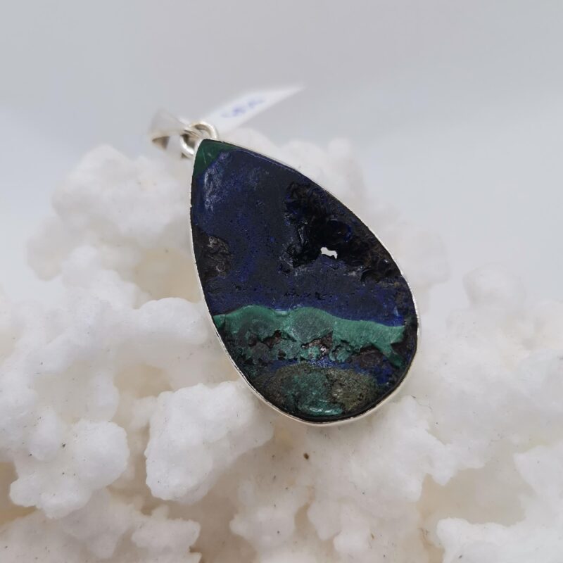 COLGANTE GOTA AZURITA CON MALAQUITA SEMIPULIDA PLATA