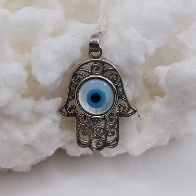 COLGANTE MANO DE FATIMA CON OJO TURCO PLATA