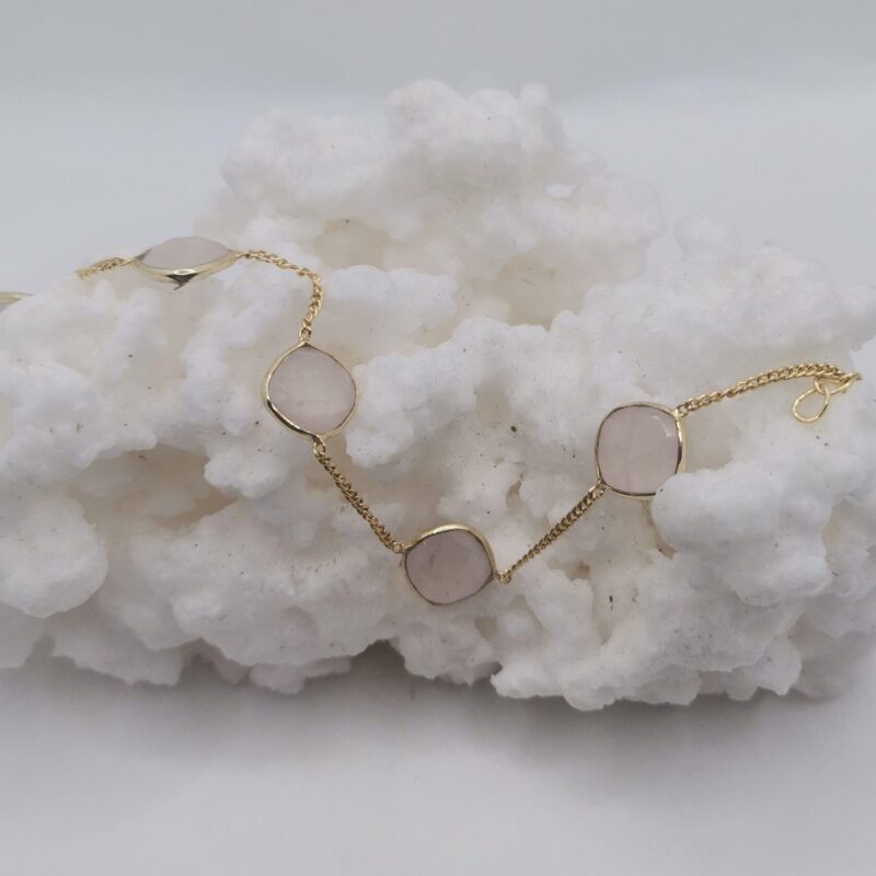 PULSERA CUARZO ROSA ROMBO PLATA ORO