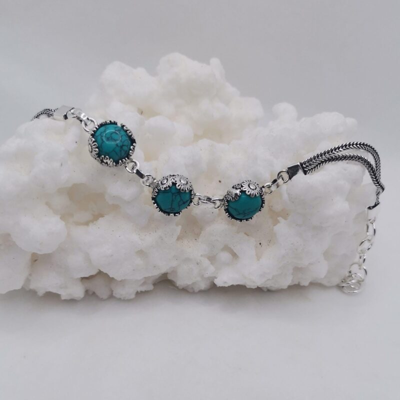 PULSERA TRES ESFERAS TURQUESA PLATA FLORES