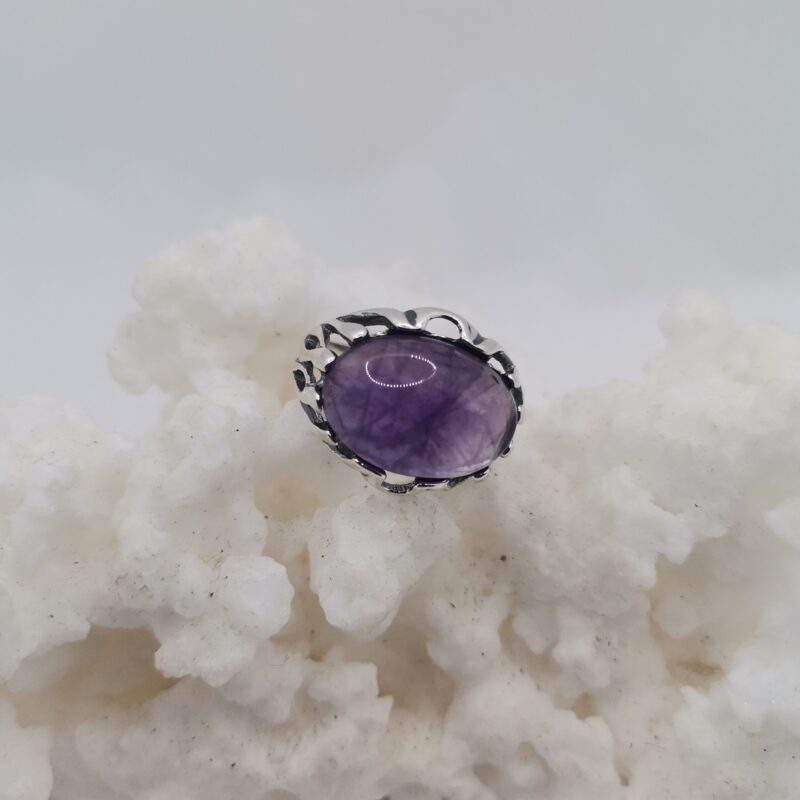 ANILLO PLATA AMATISTA OVALADA HORIZONTAL RAICES