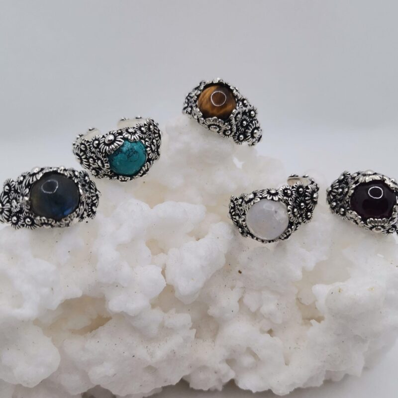 ANILLO PLATA MULTIFLORAL MINERALES VARIOS