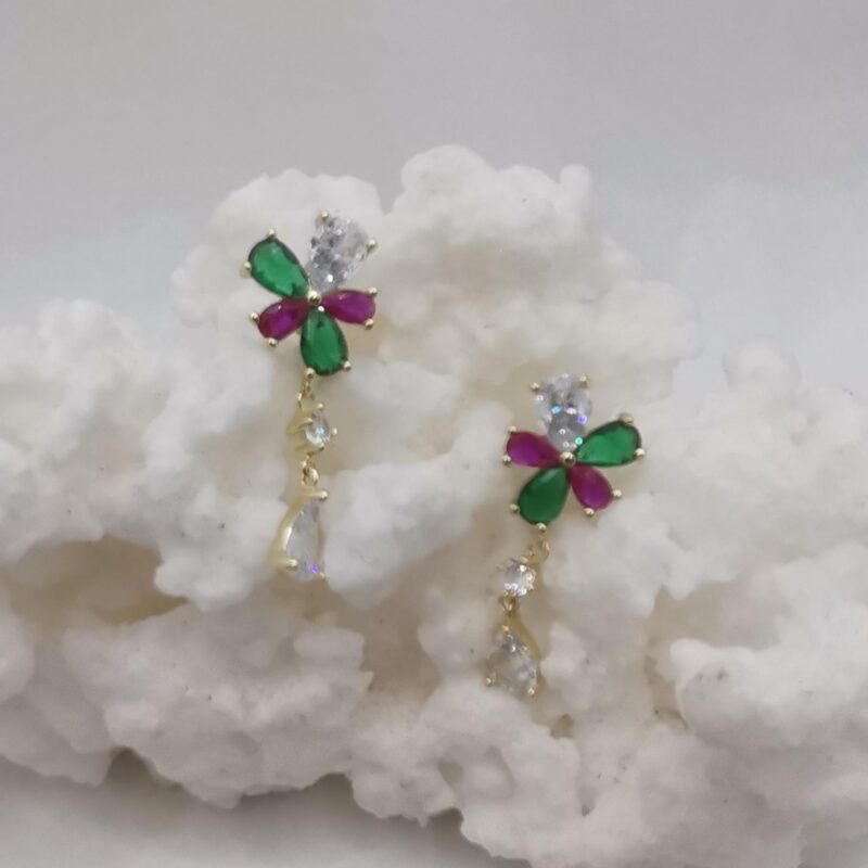 PENDIENTE PLATA ORO FLOR RUBI ESMERALDA CIRCONITAS 141