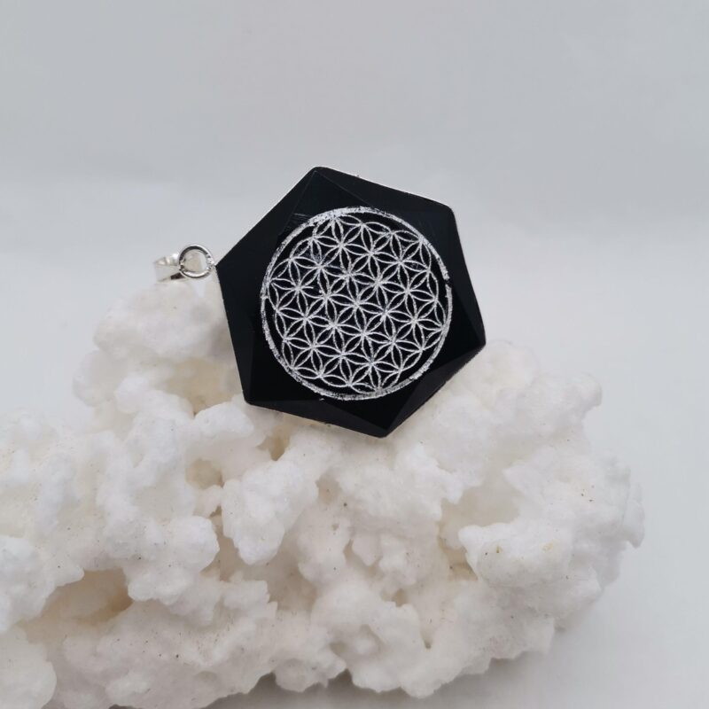 COLGANTE PLATA ONIX HEXAGONO FLOR DE LA VIDA