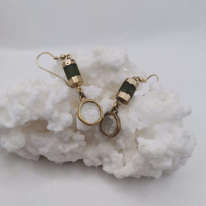 PENDIENTE PLATA ORO OLIVINO Y CUARZO BLANCO 154