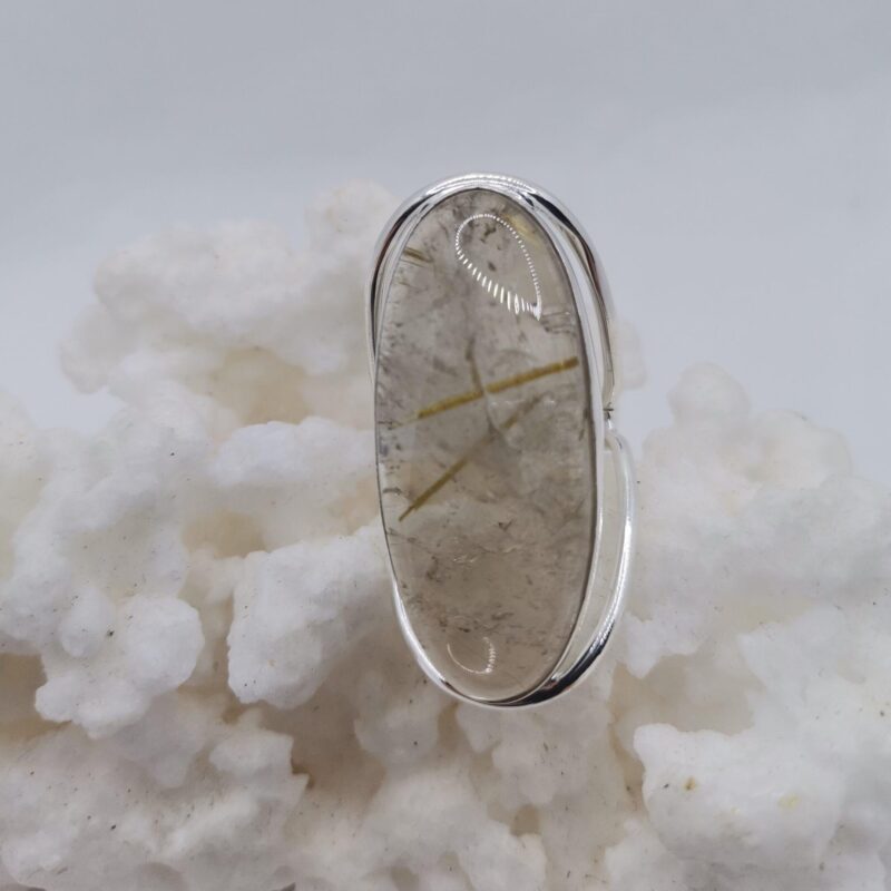 ANILLO PLATA Y CUARZO BLANCO OVALADO ALARGADO RUTILADO CITRINO