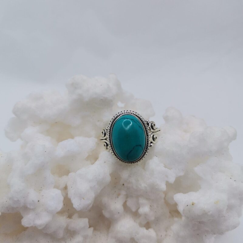 ANILLO PLATA Y TURQUESA OVALADO GRABADO 65