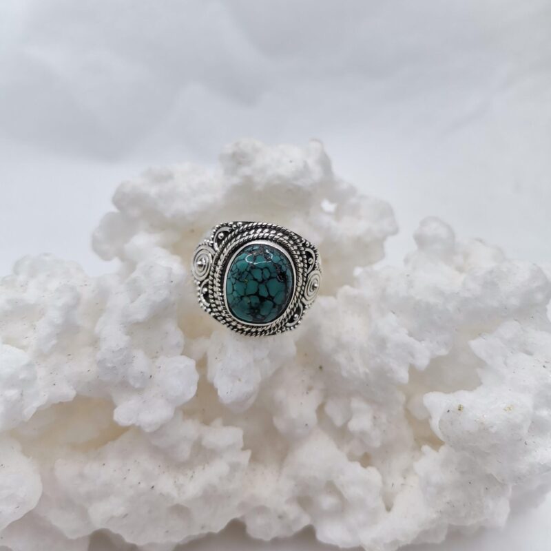 ANILLO PLATA Y TURQUESA OVALADO GRABADO EPOCA